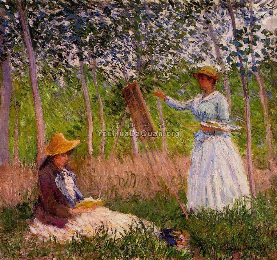 Suzanne Reading and Blanche Painting by the Marsh at Giverny - 克劳德·莫奈
